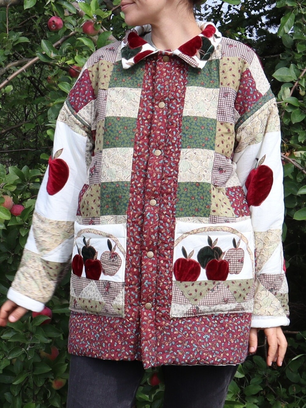 Upcycled Patchwork Quilt Jacket Chore Coat with Red Apple Appliqué L • XL